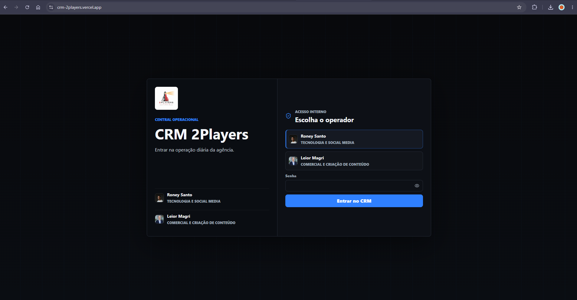 Tela do CRM 2Players em uma janela de navegador